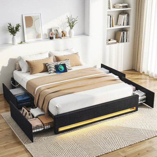 Double Bed Frame with Storage Drawers, RGB Lighting & Charging Station – Upholstered Fabric