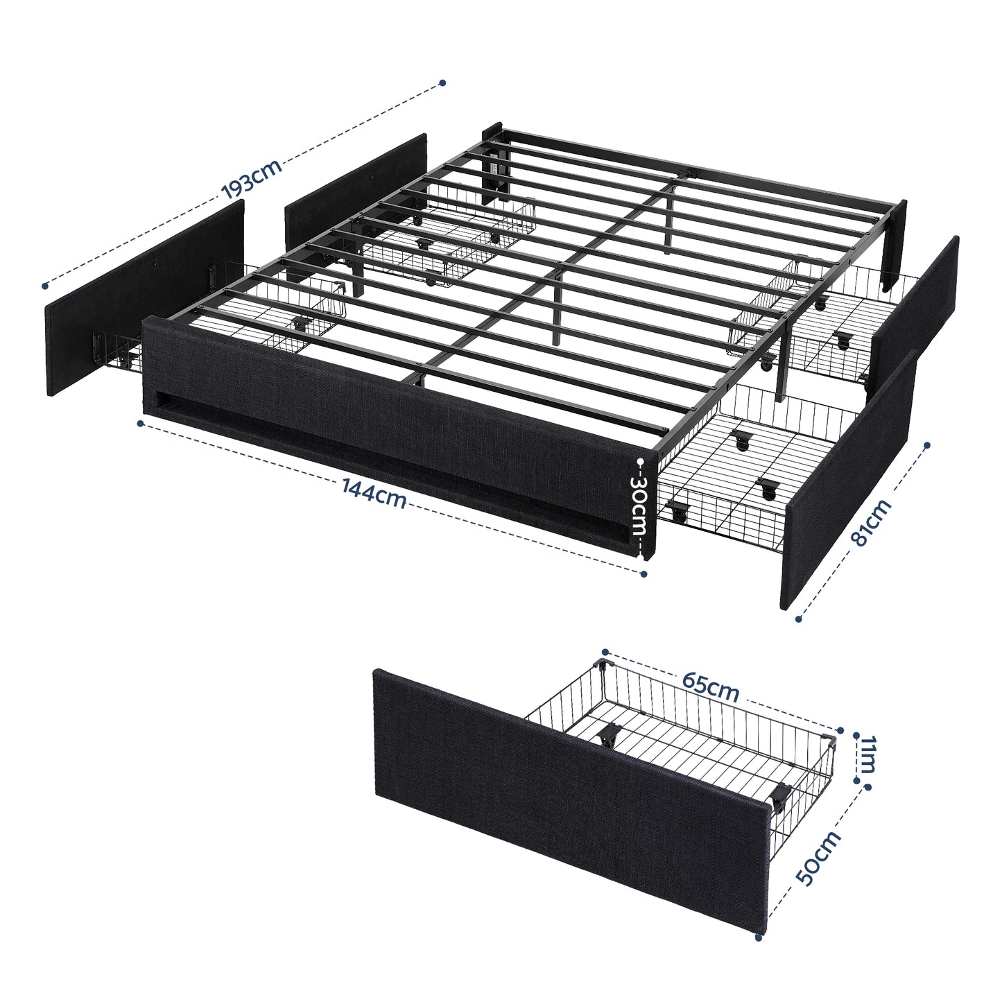 Double Bed Frame with Storage Drawers, RGB Lighting & Charging Station – Upholstered Fabric