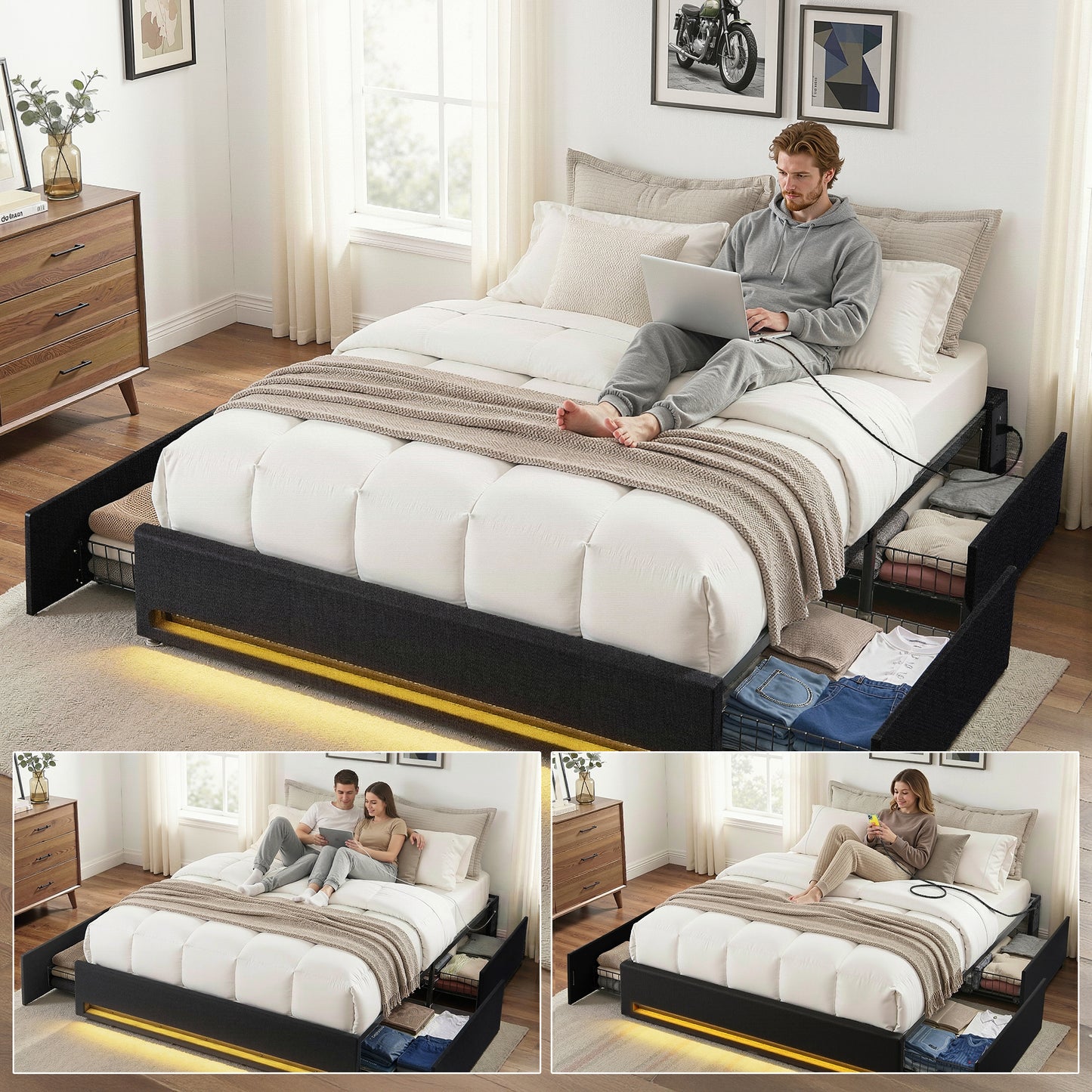Double Bed Frame with Storage Drawers, RGB Lighting & Charging Station – Upholstered Fabric