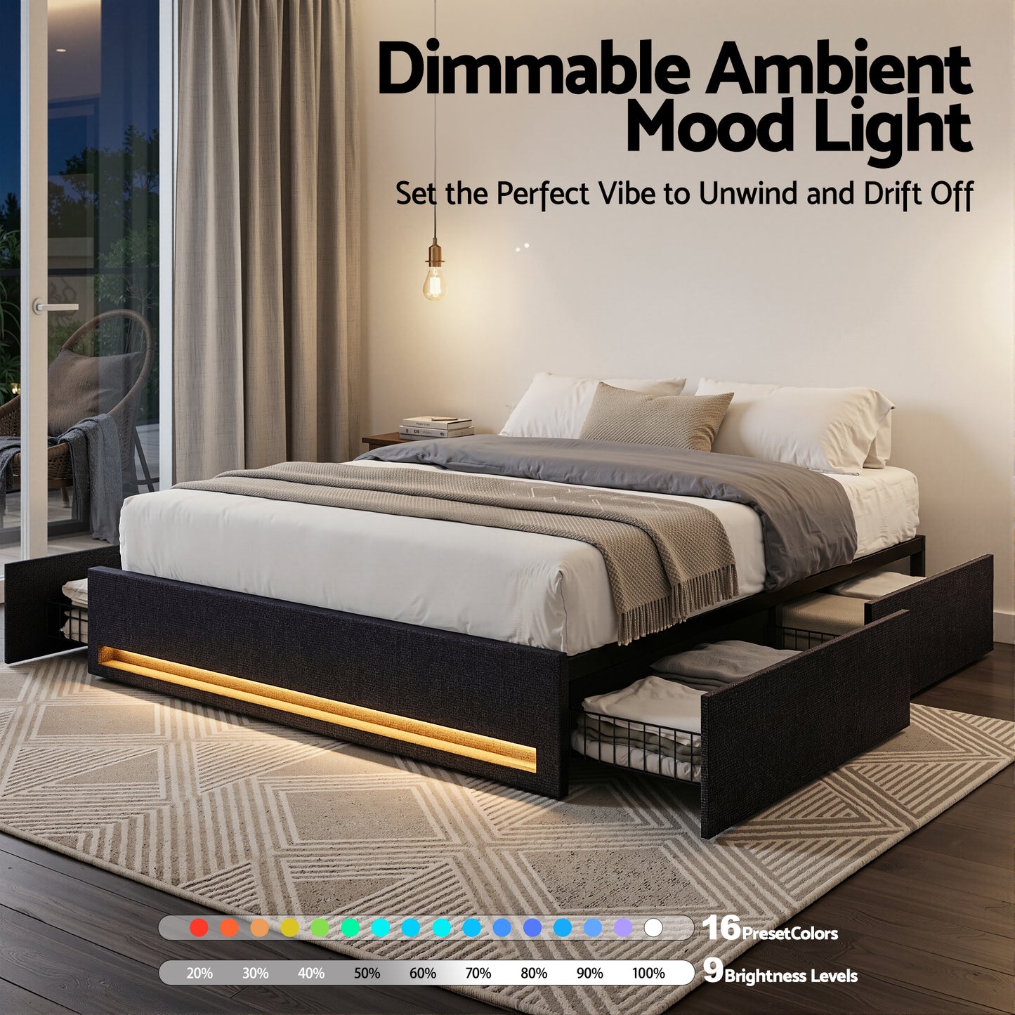 Double Bed Frame with Storage Drawers, RGB Lighting & Charging Station – Upholstered Fabric