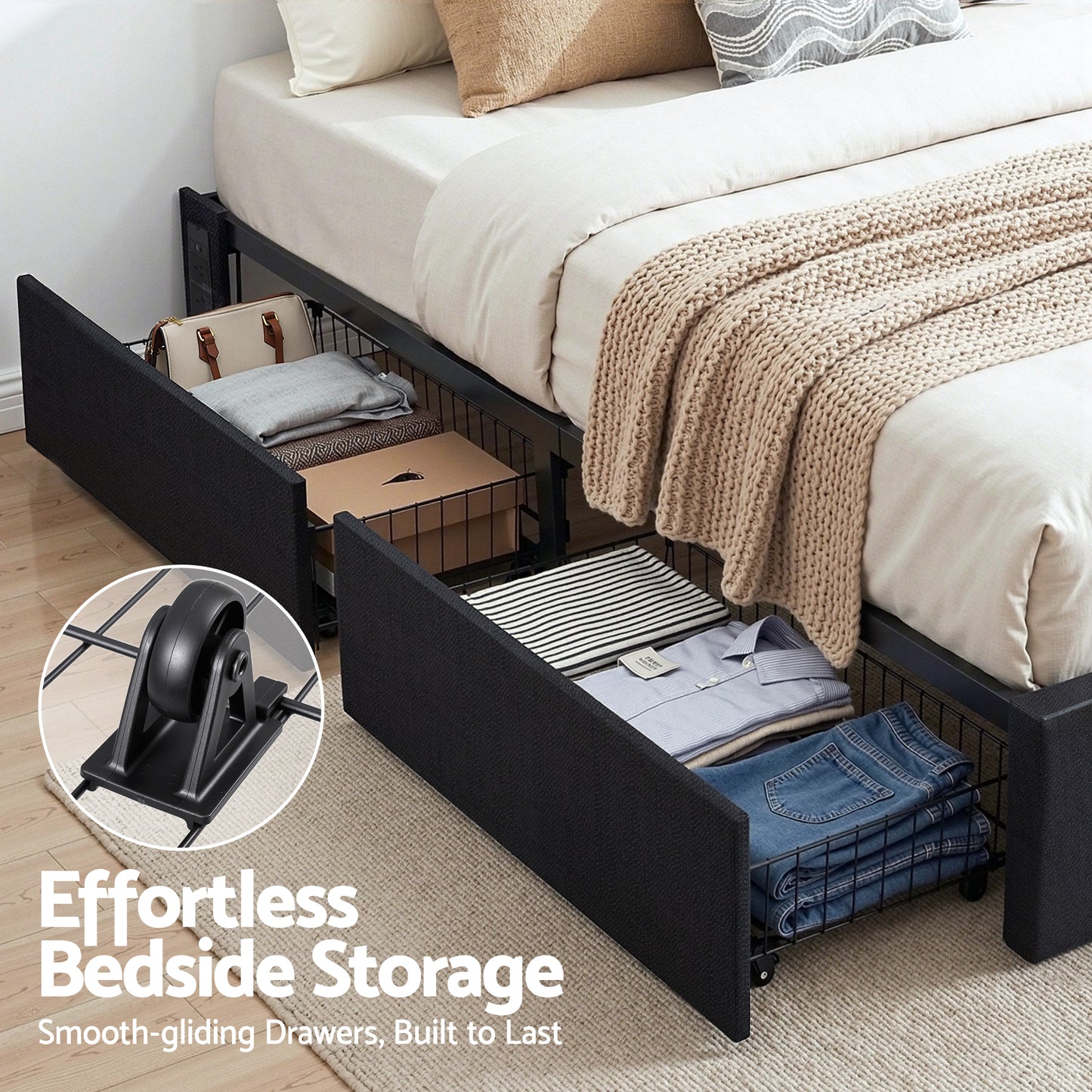 Queen Bed Frame with Storage Drawers, RGB Lights, and Charging Station – Upholstered Fabric