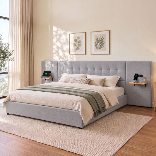 TWSC King Bed Frame with Wide Headboard, Floating Shelves and USB Grey