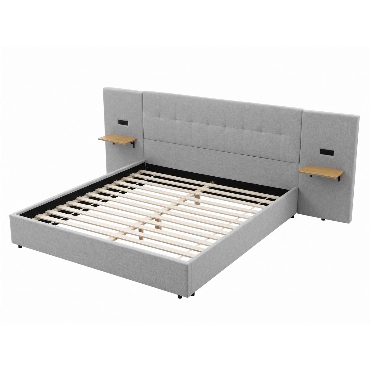 TWSC King Bed Frame with Wide Headboard, Floating Shelves and USB Grey