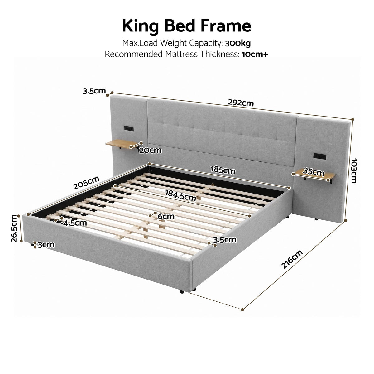 TWSC King Bed Frame with Wide Headboard, Floating Shelves and USB Grey