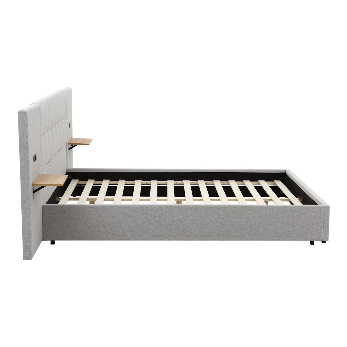 TWSC King Bed Frame with Wide Headboard, Floating Shelves and USB Grey