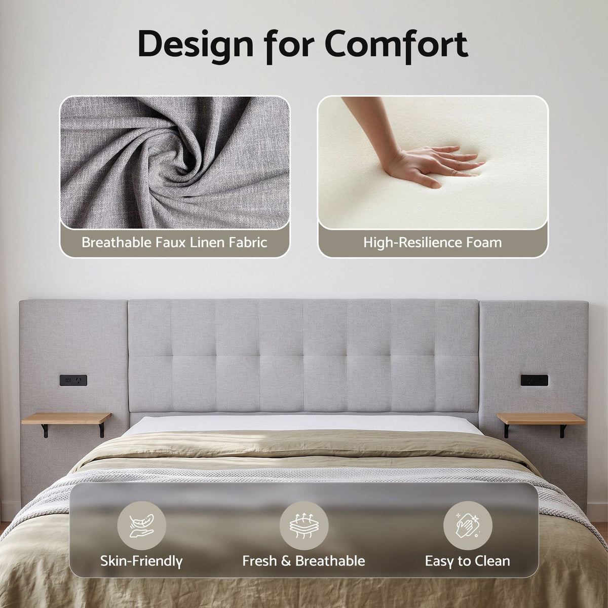 TWSC King Bed Frame with Wide Headboard, Floating Shelves and USB Grey