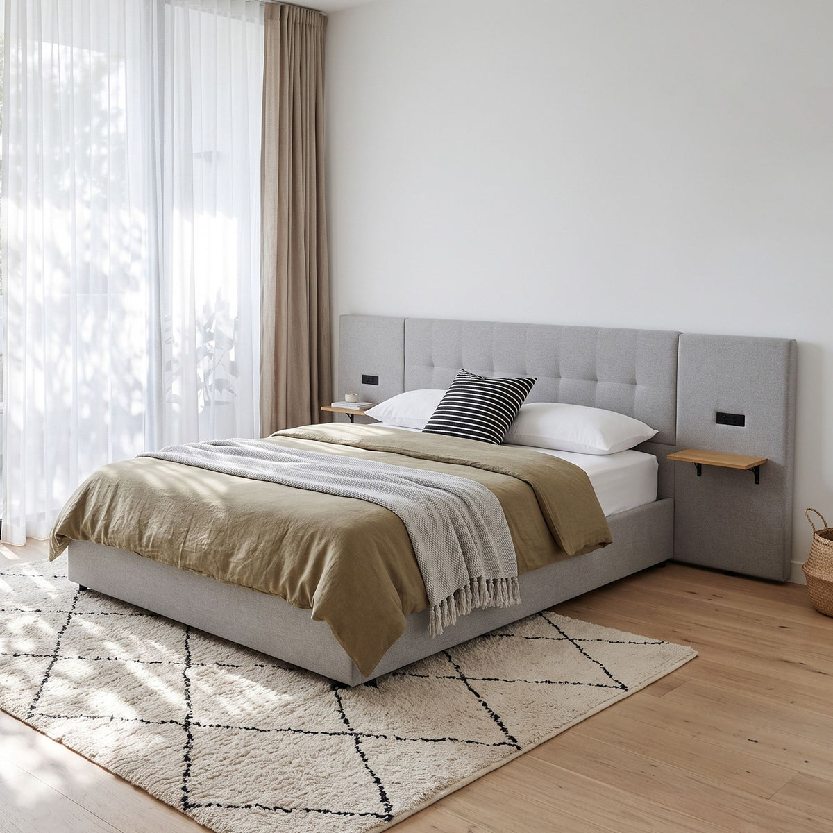 TWSC King Bed Frame with Wide Headboard, Floating Shelves and USB Grey