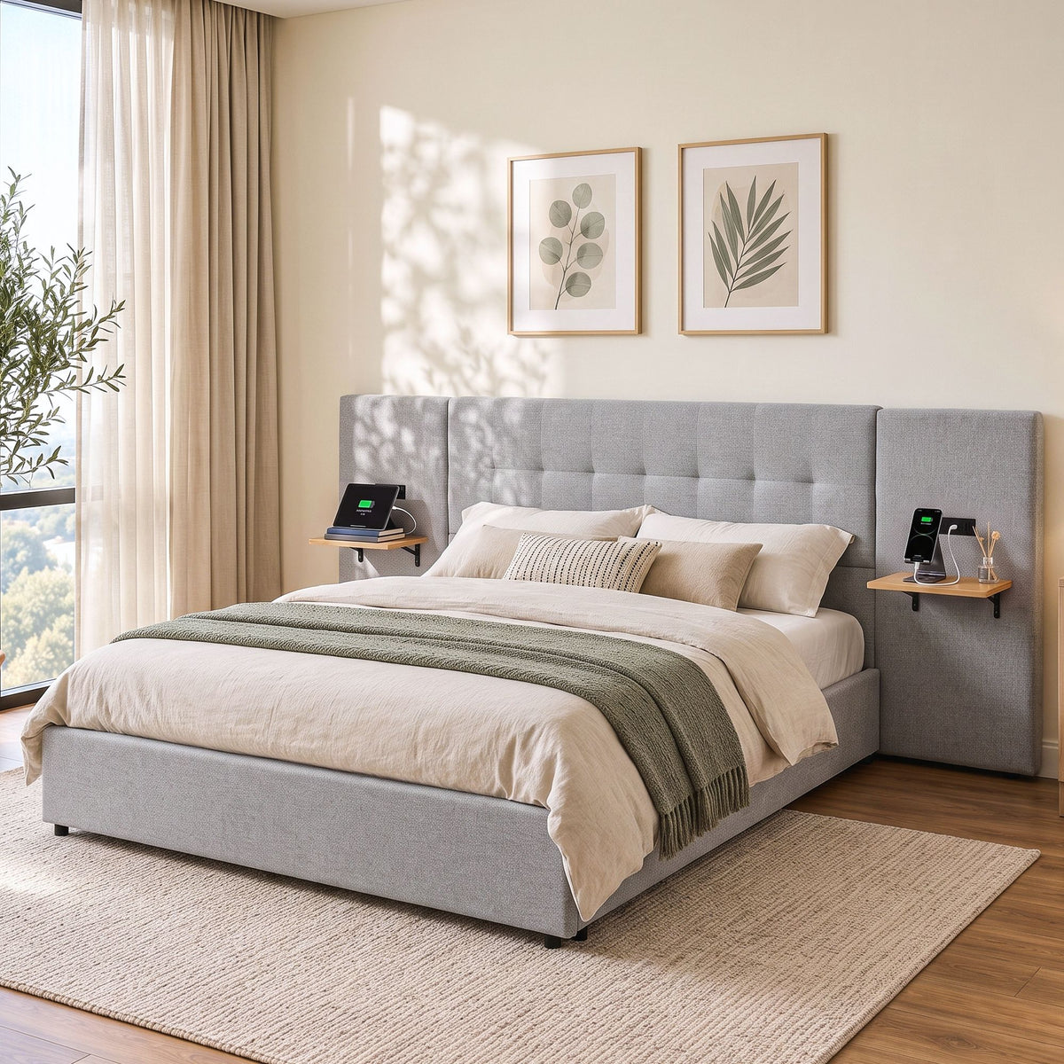 TWSC Queen Bed Frame with Wide Headboard, Floating Shelves and USB Grey