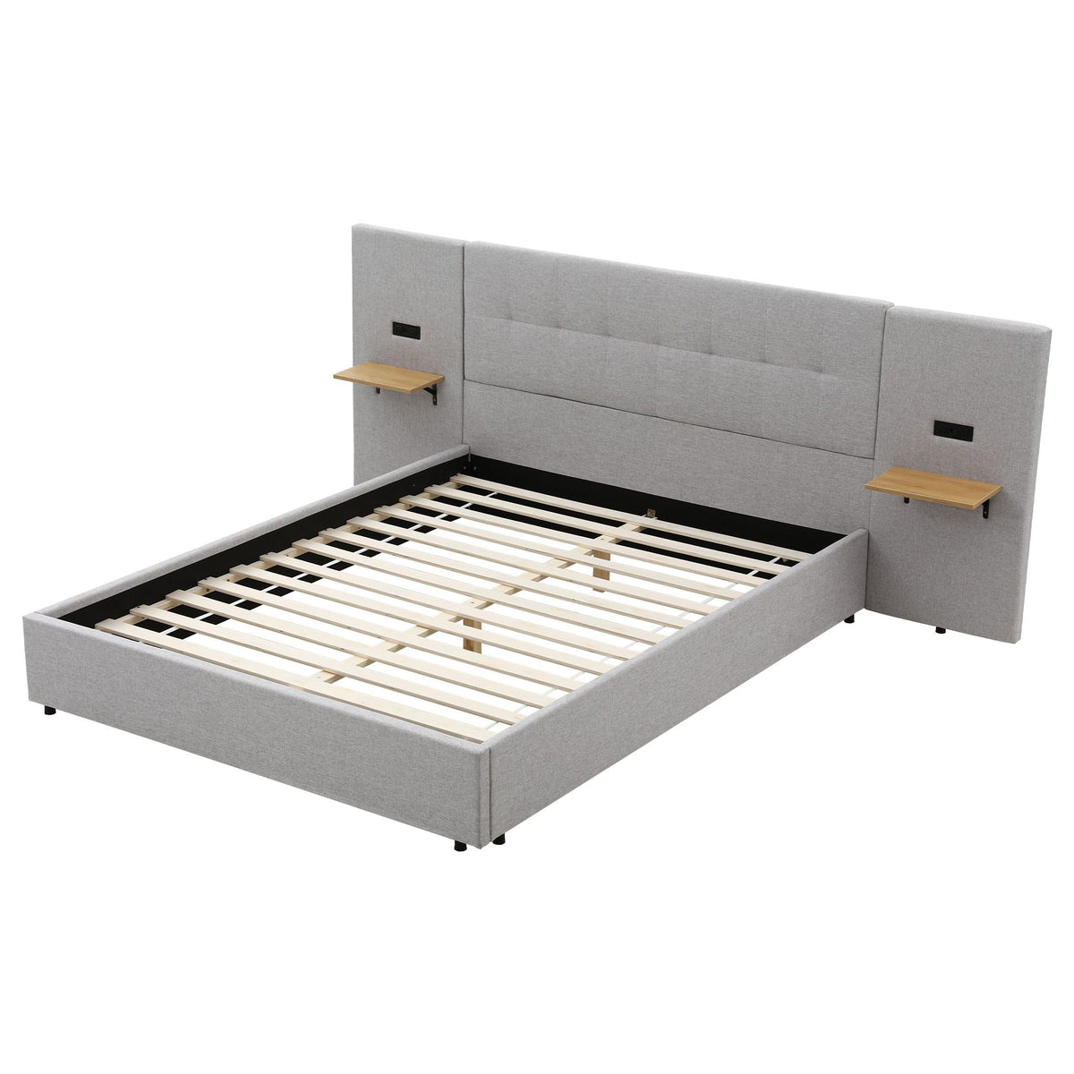 TWSC Queen Bed Frame with Wide Headboard, Floating Shelves and USB Grey