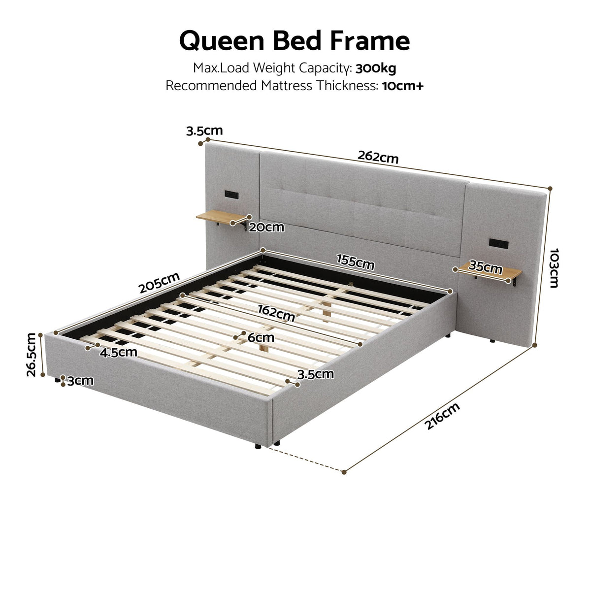 TWSC Queen Bed Frame with Wide Headboard, Floating Shelves and USB Grey