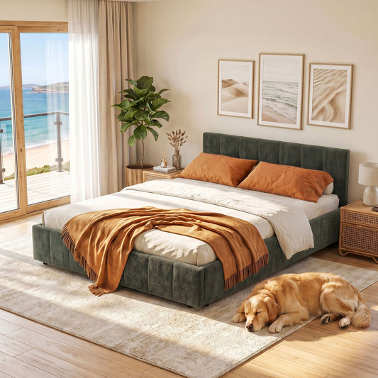 TWSC Double Bed Frame Chenille Heavy Duty Platform Base Green 300kg Support No Box Spring Needed