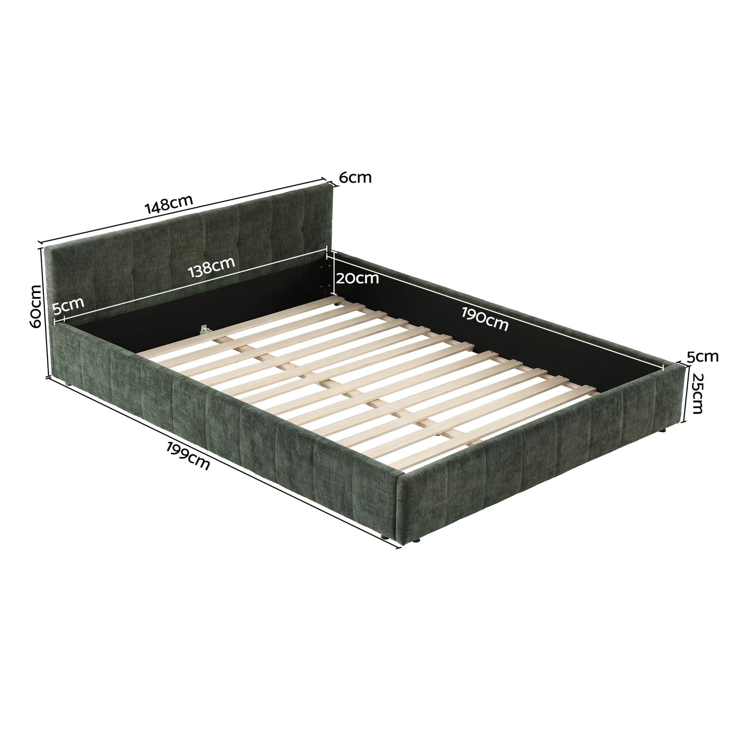 TWSC Double Bed Frame Chenille Heavy Duty Platform Base Green 300kg Support No Box Spring Needed