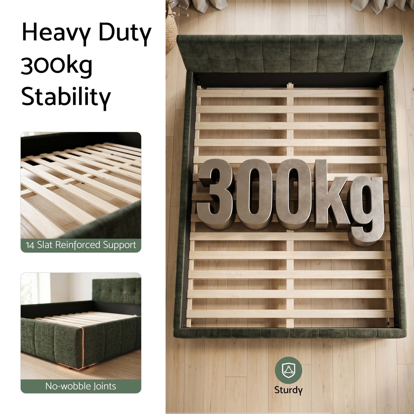 TWSC Double Bed Frame Chenille Heavy Duty Platform Base Green 300kg Support No Box Spring Needed