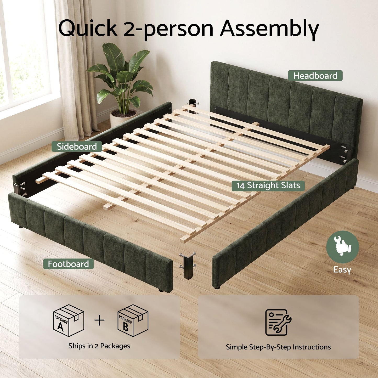 TWSC Double Bed Frame Chenille Heavy Duty Platform Base Green 300kg Support No Box Spring Needed