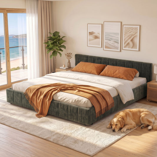 TWSC King Bed Frame Chenille Heavy Duty Platform Base Green 300kg Support No Box Spring Needed