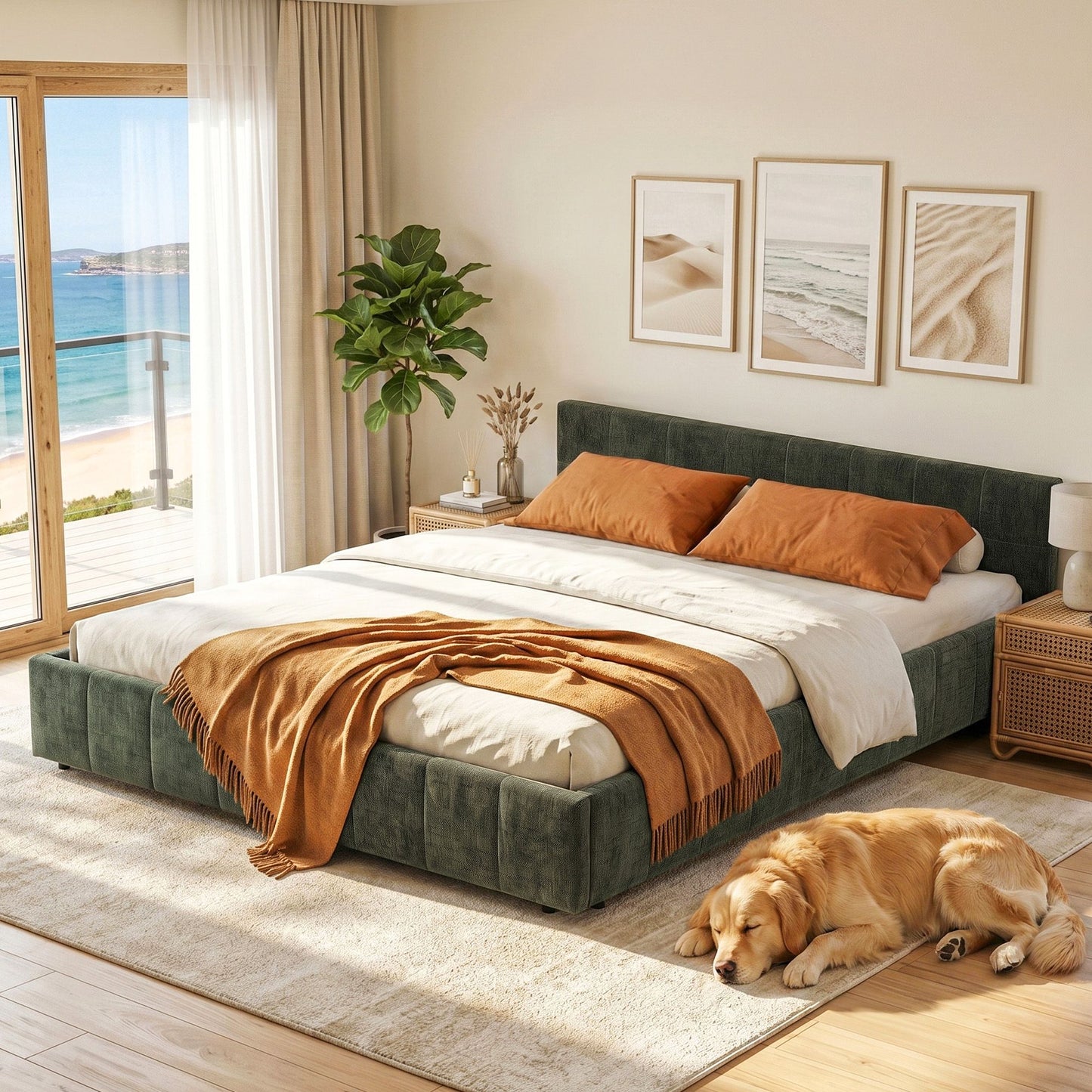 TWSC Queen Bed Frame Chenille Heavy Duty Platform Base Green 300kg Support No Box Spring Needed