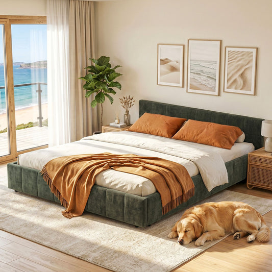 TWSC Queen Bed Frame Chenille Heavy Duty Platform Base Green 300kg Support No Box Spring Needed