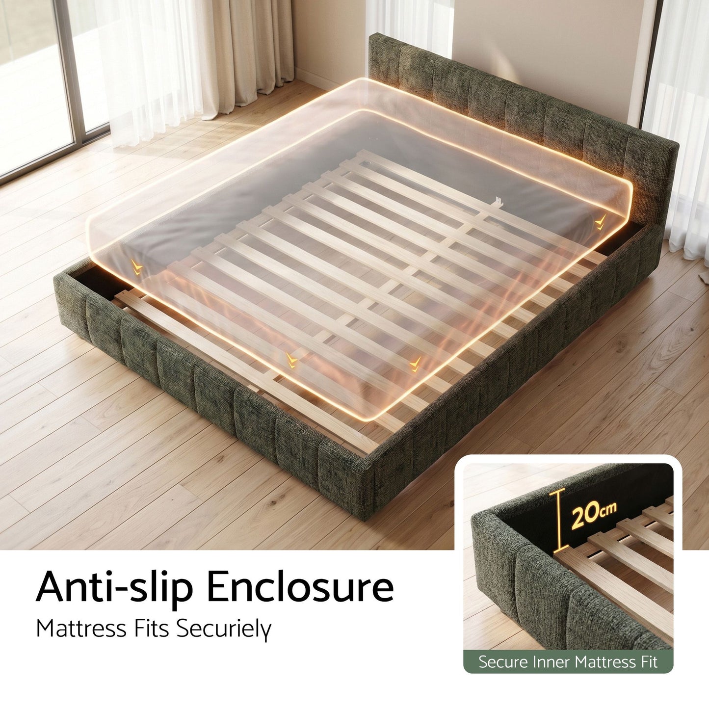 TWSC Queen Bed Frame Chenille Heavy Duty Platform Base Green 300kg Support No Box Spring Needed
