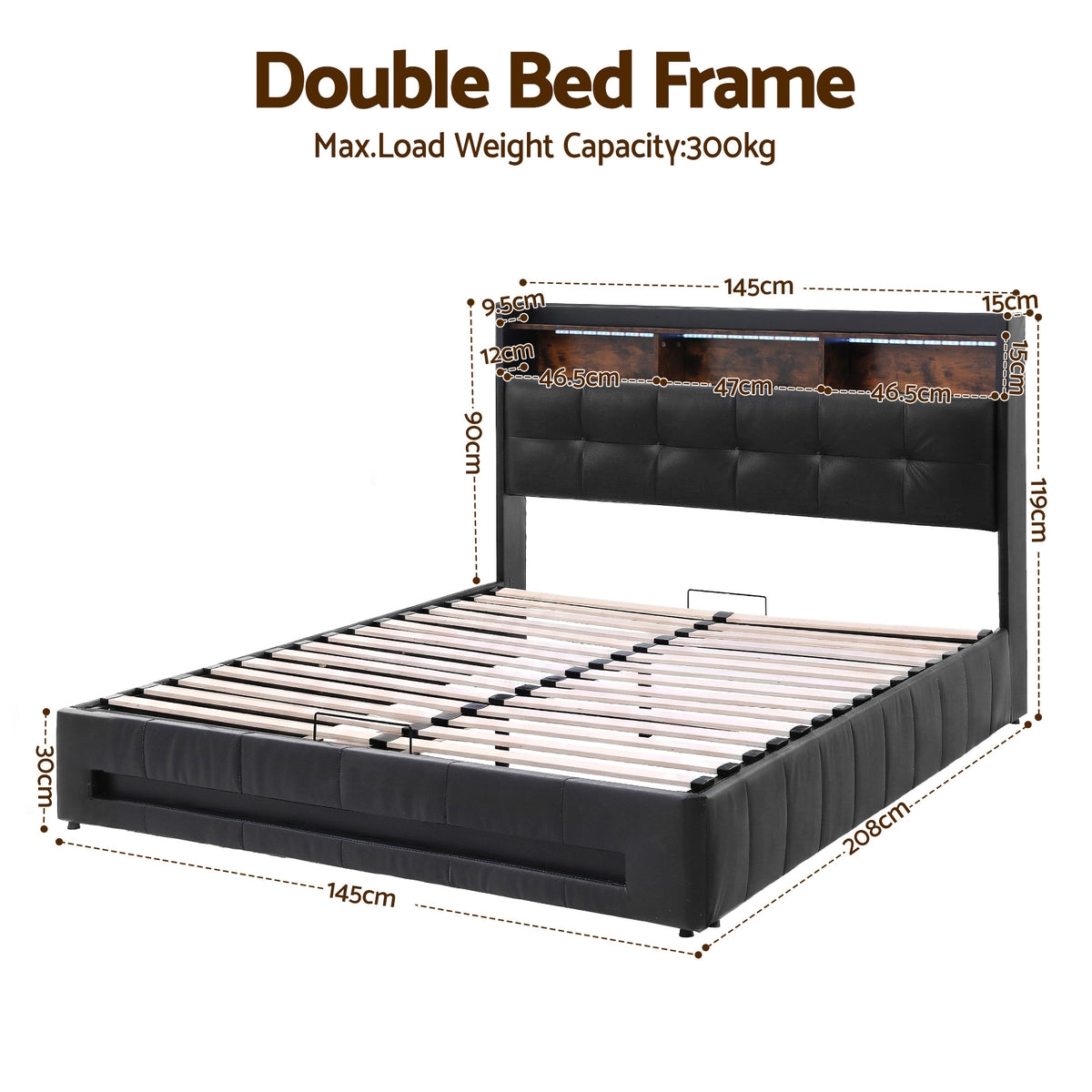 TWSC Double Bed Frame with Gas Lift Storage LED Lights Charging Station Headboard with Open Shelf