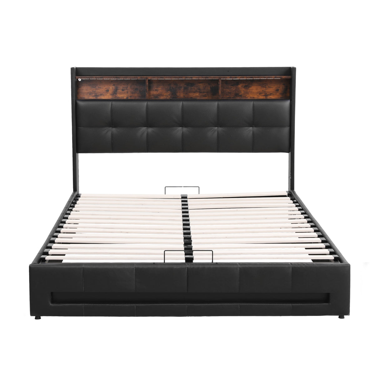 TWSC Double Bed Frame with Gas Lift Storage LED Lights Charging Station Headboard with Open Shelf