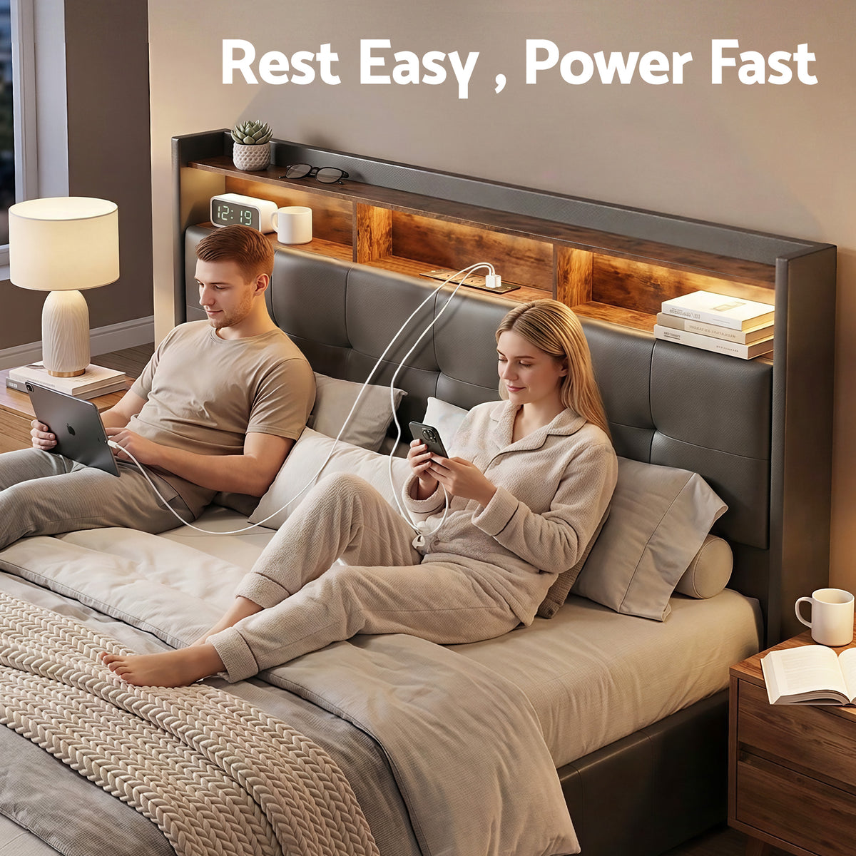 TWSC Double Bed Frame with Gas Lift Storage LED Lights Charging Station Headboard with Open Shelf