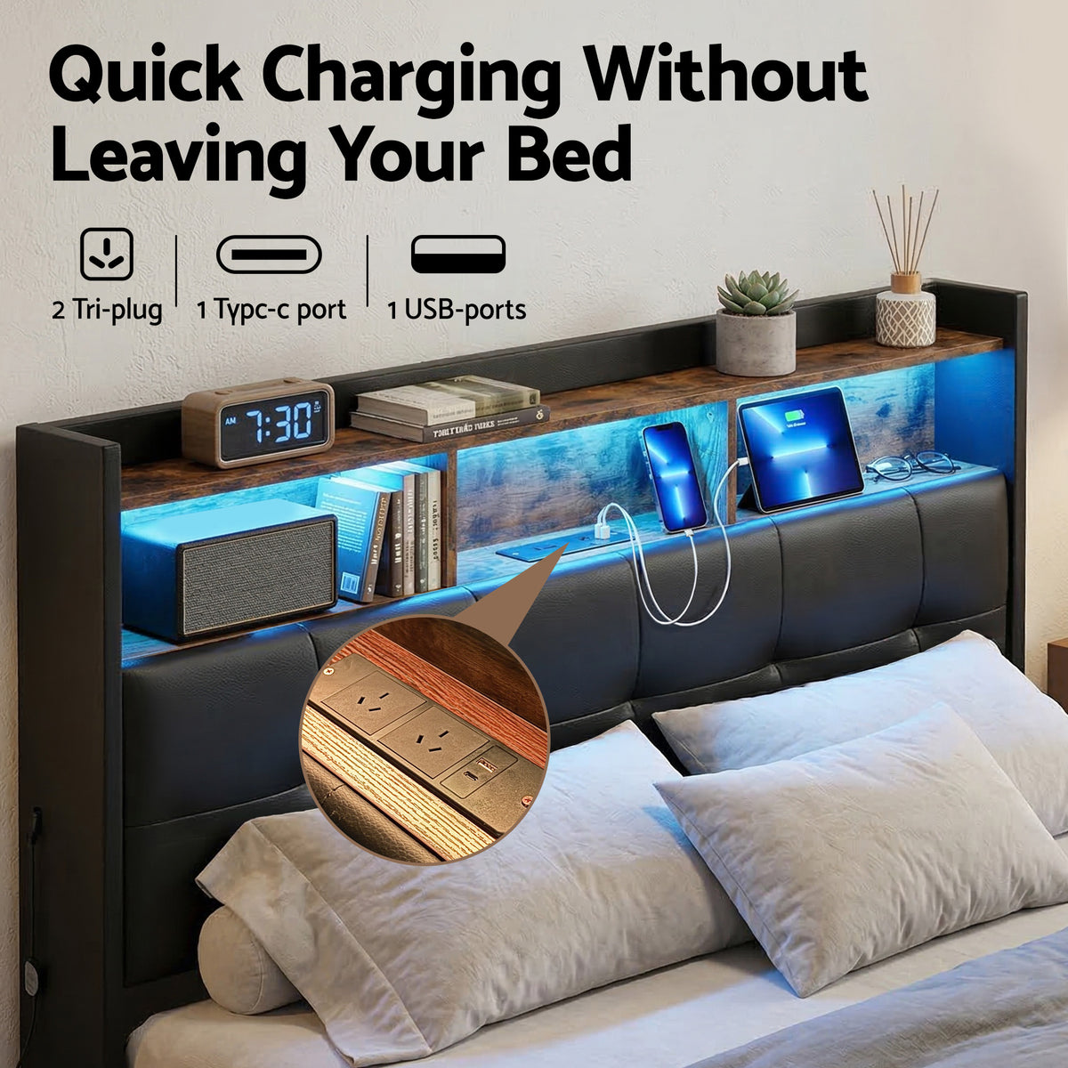 TWSC Double Bed Frame with Gas Lift Storage LED Lights Charging Station Headboard with Open Shelf