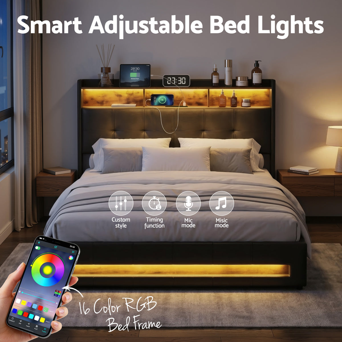TWSC Double Bed Frame with Gas Lift Storage LED Lights Charging Station Headboard with Open Shelf