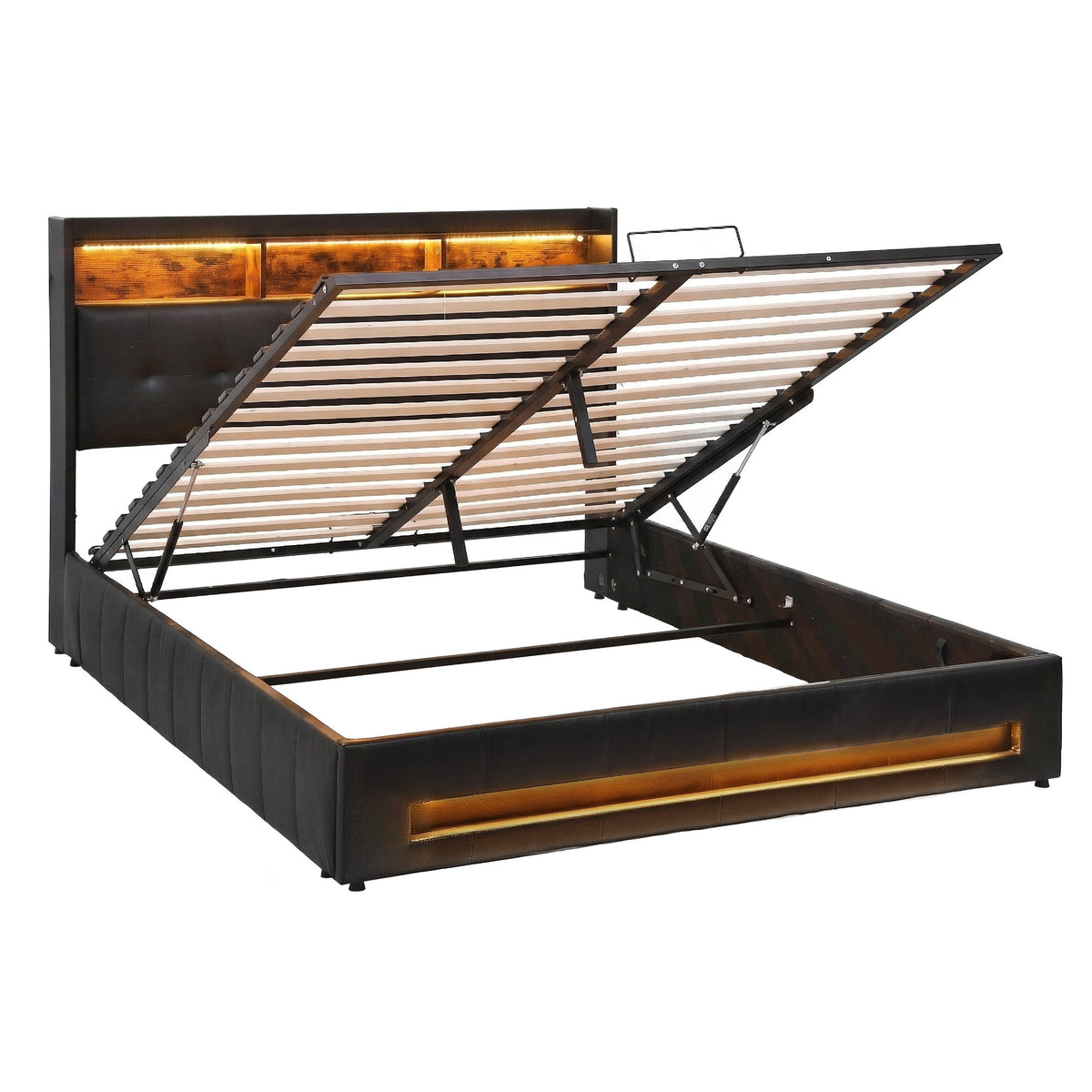 TWSC Double Bed Frame with Gas Lift Storage LED Lights Charging Station Headboard with Open Shelf