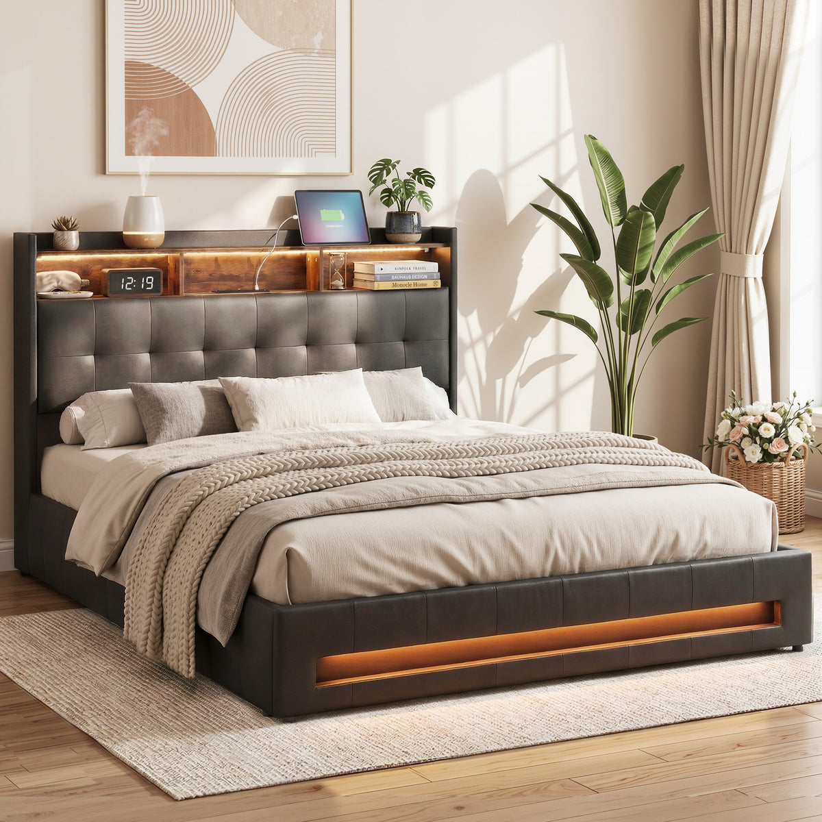 TWSC Queen Bed Frame with Gas Lift Storage LED Lights Charging Station Headboard with Open Shelf
