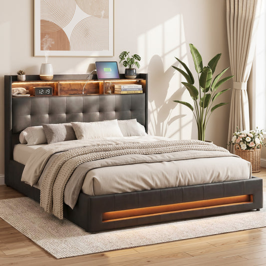 TWSC Queen Bed Frame with Gas Lift Storage LED Lights Charging Station Headboard with Open Shelf