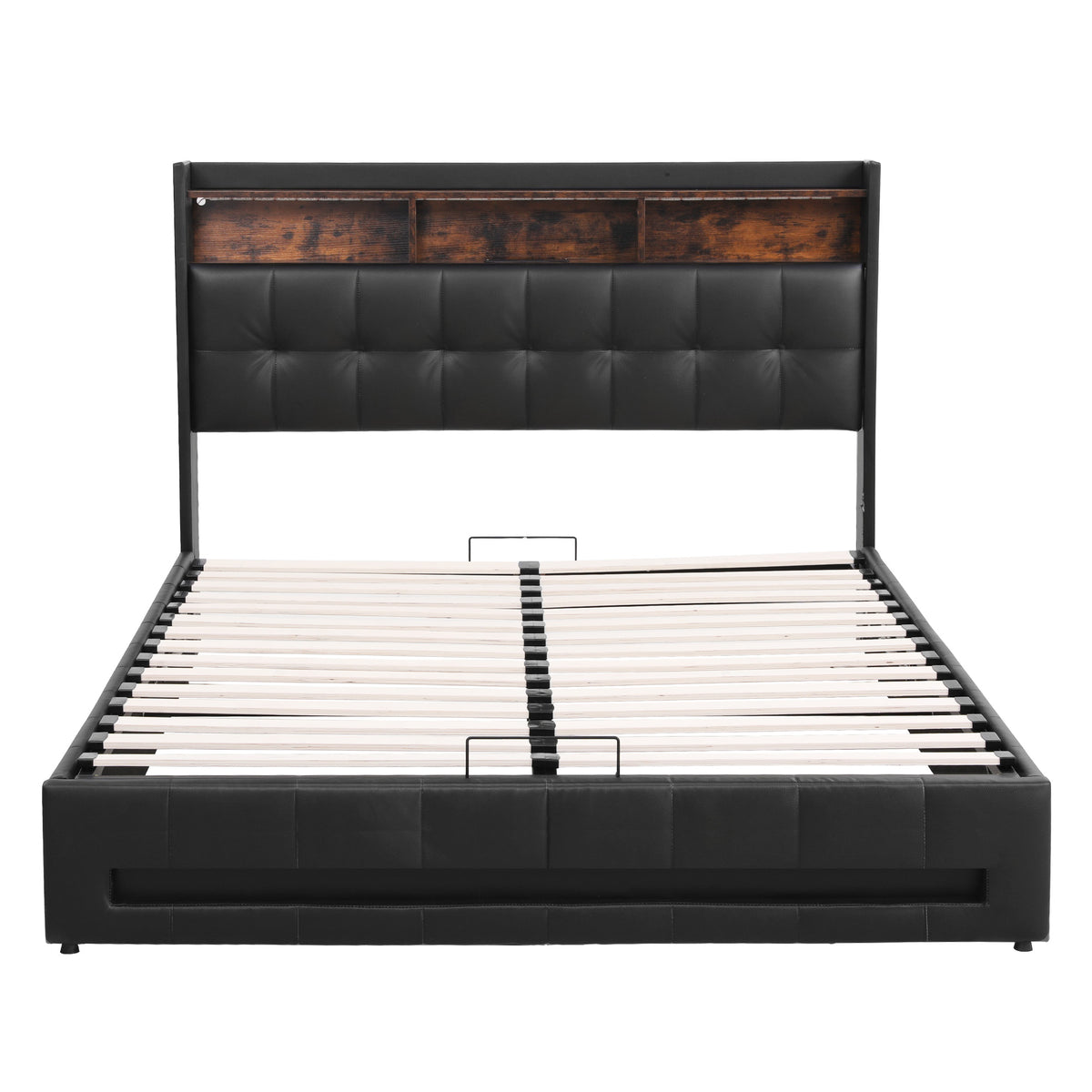 TWSC Queen Bed Frame with Gas Lift Storage LED Lights Charging Station Headboard with Open Shelf