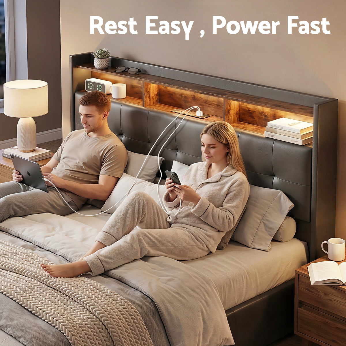 TWSC Queen Bed Frame with Gas Lift Storage LED Lights Charging Station Headboard with Open Shelf