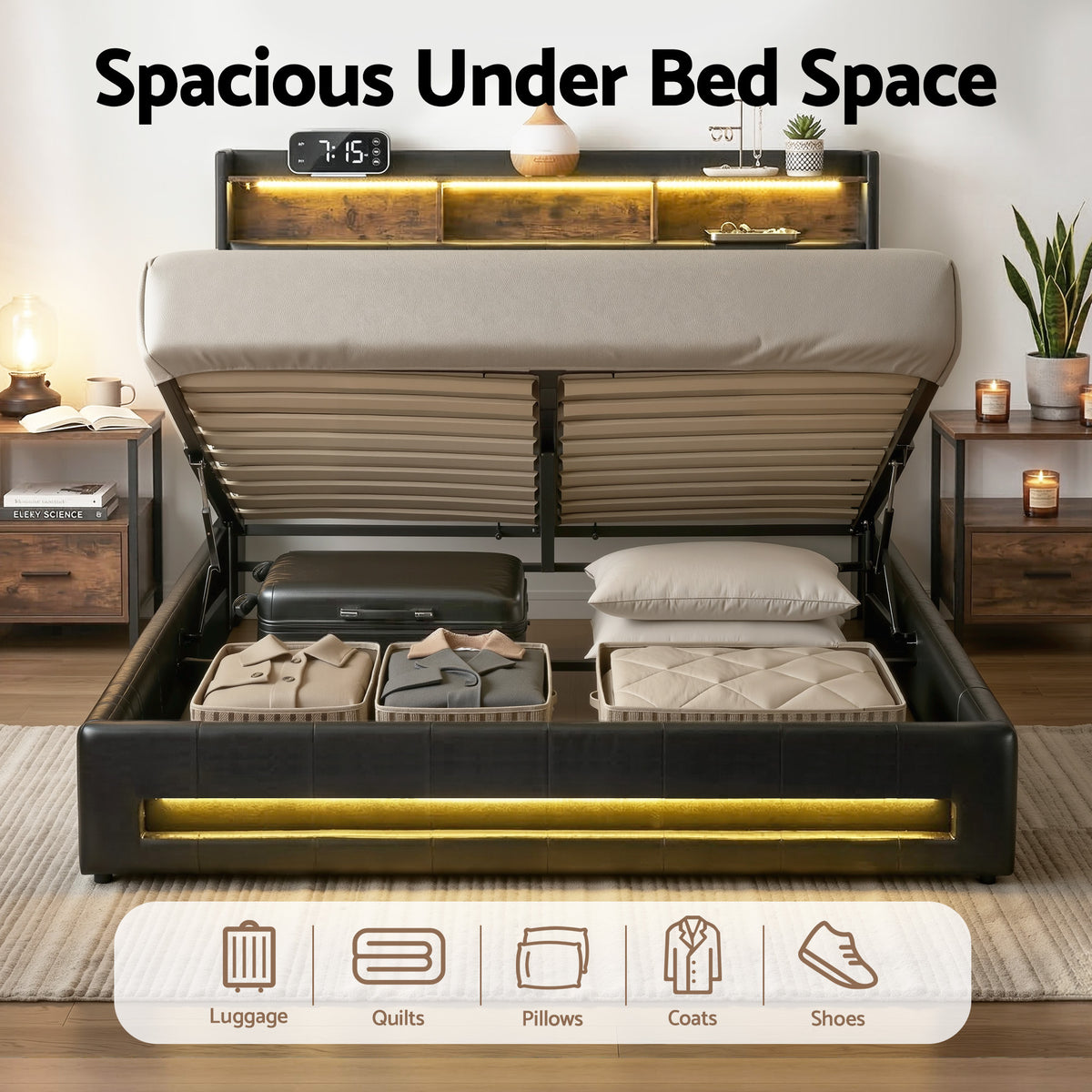 TWSC Queen Bed Frame with Gas Lift Storage LED Lights Charging Station Headboard with Open Shelf