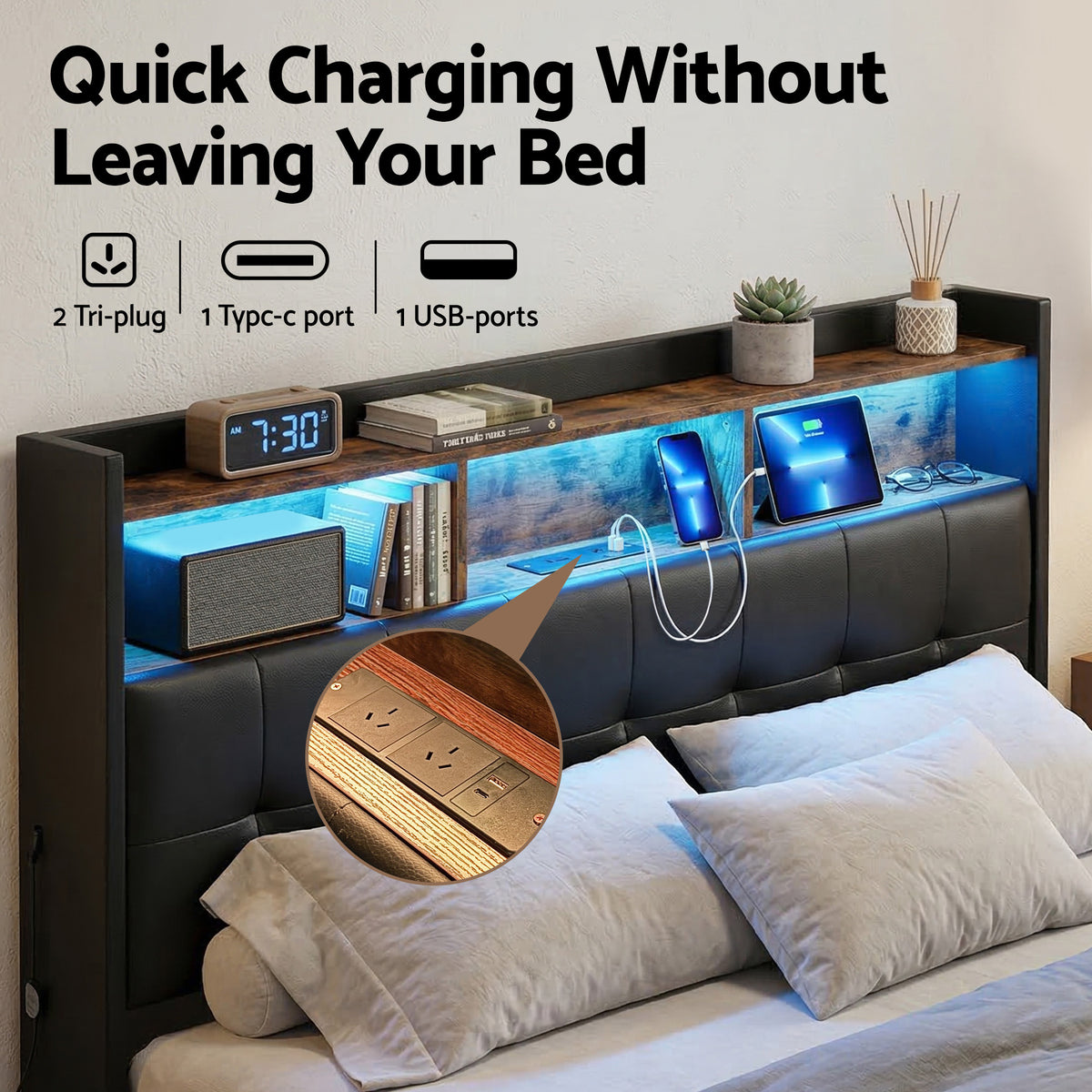 TWSC Queen Bed Frame with Gas Lift Storage LED Lights Charging Station Headboard with Open Shelf