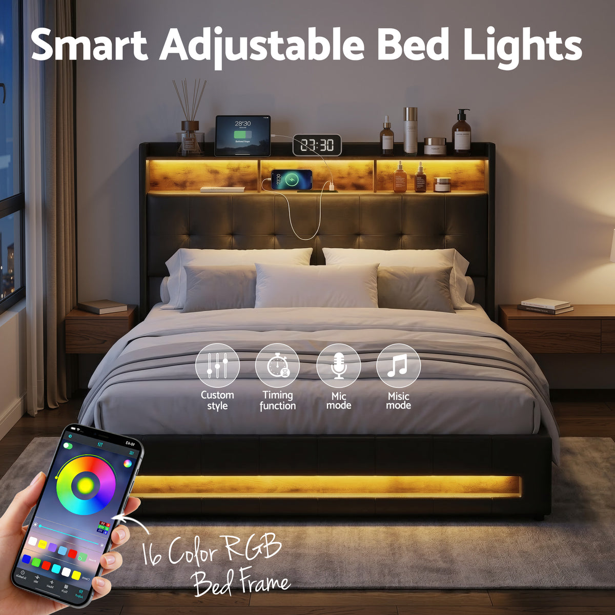TWSC Queen Bed Frame with Gas Lift Storage LED Lights Charging Station Headboard with Open Shelf