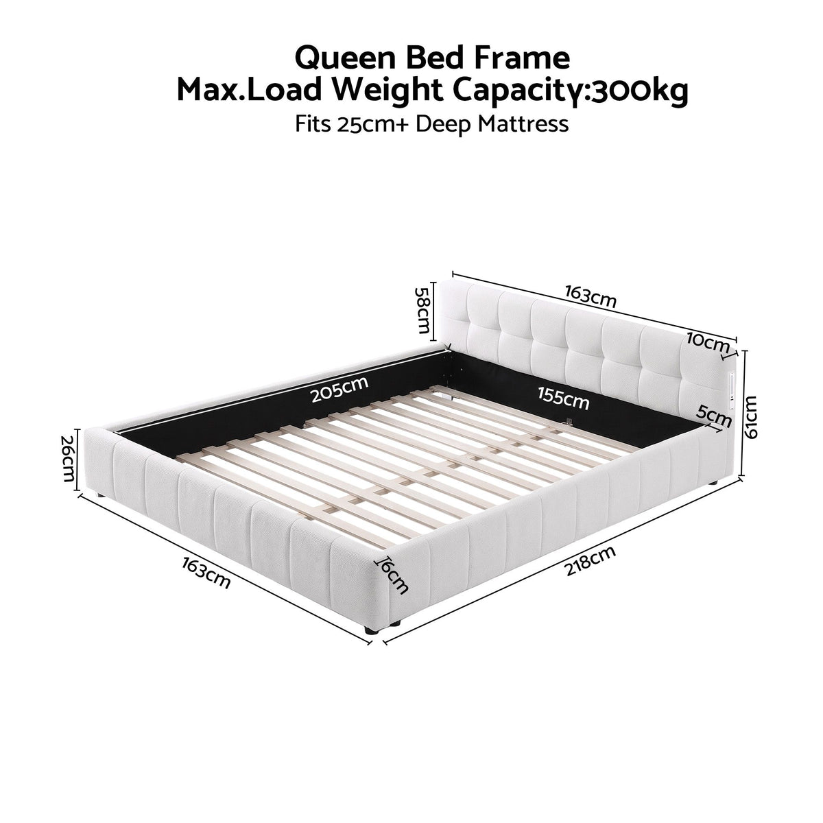 Artiss Queen Bed Frame with Charging, LED Lights & Tufted Headboard