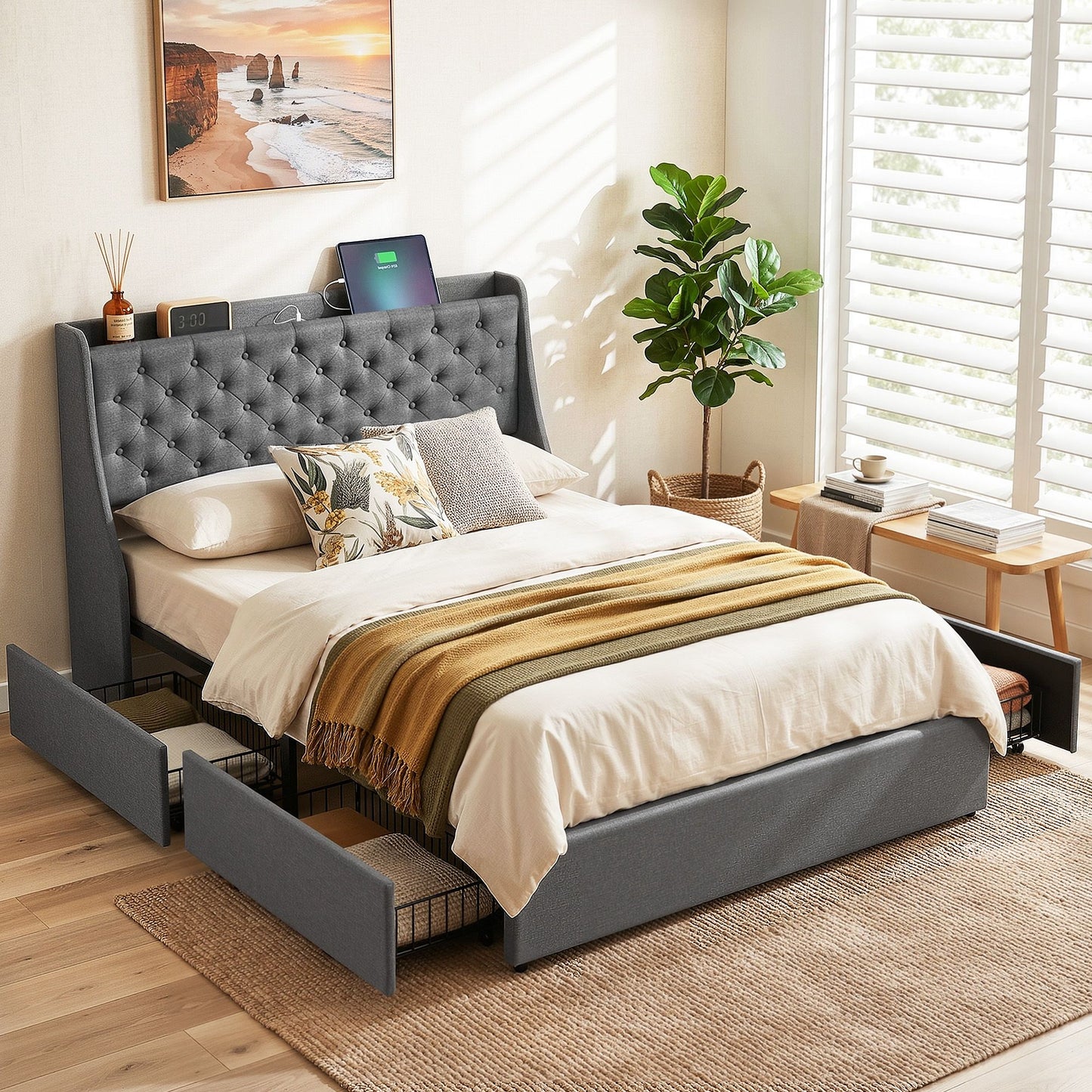 Double Bed Frame with 4 Storage Drawers, Charging Station & Tufted Wingback Headboard – Charcoal Grey
