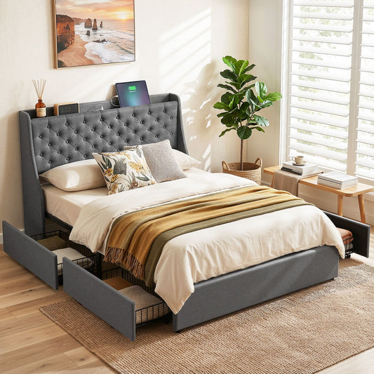 Double Bed Frame with 4 Storage Drawers, Charging Station & Tufted Wingback Headboard – Charcoal Grey
