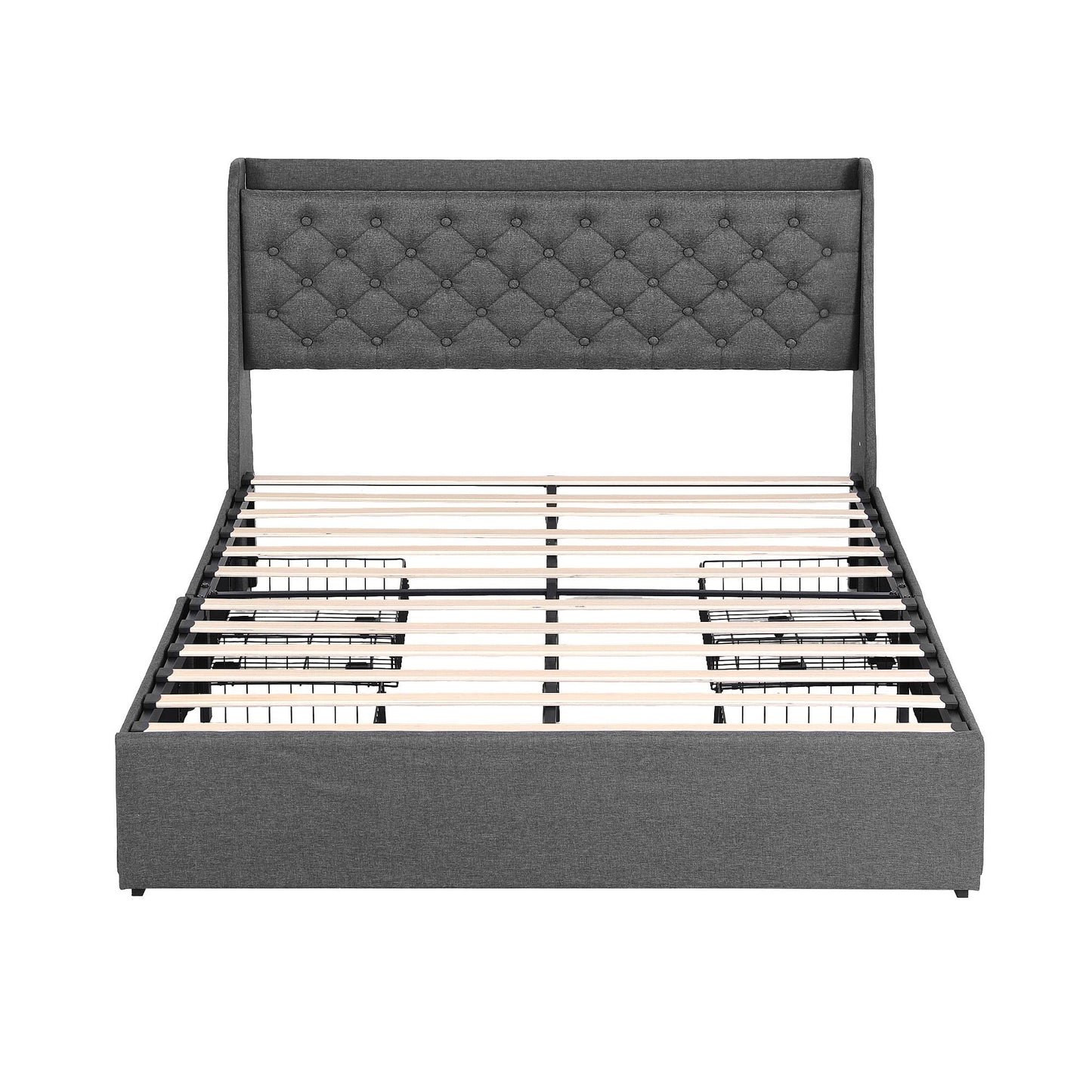 Double Bed Frame with 4 Storage Drawers, Charging Station & Tufted Wingback Headboard – Charcoal Grey