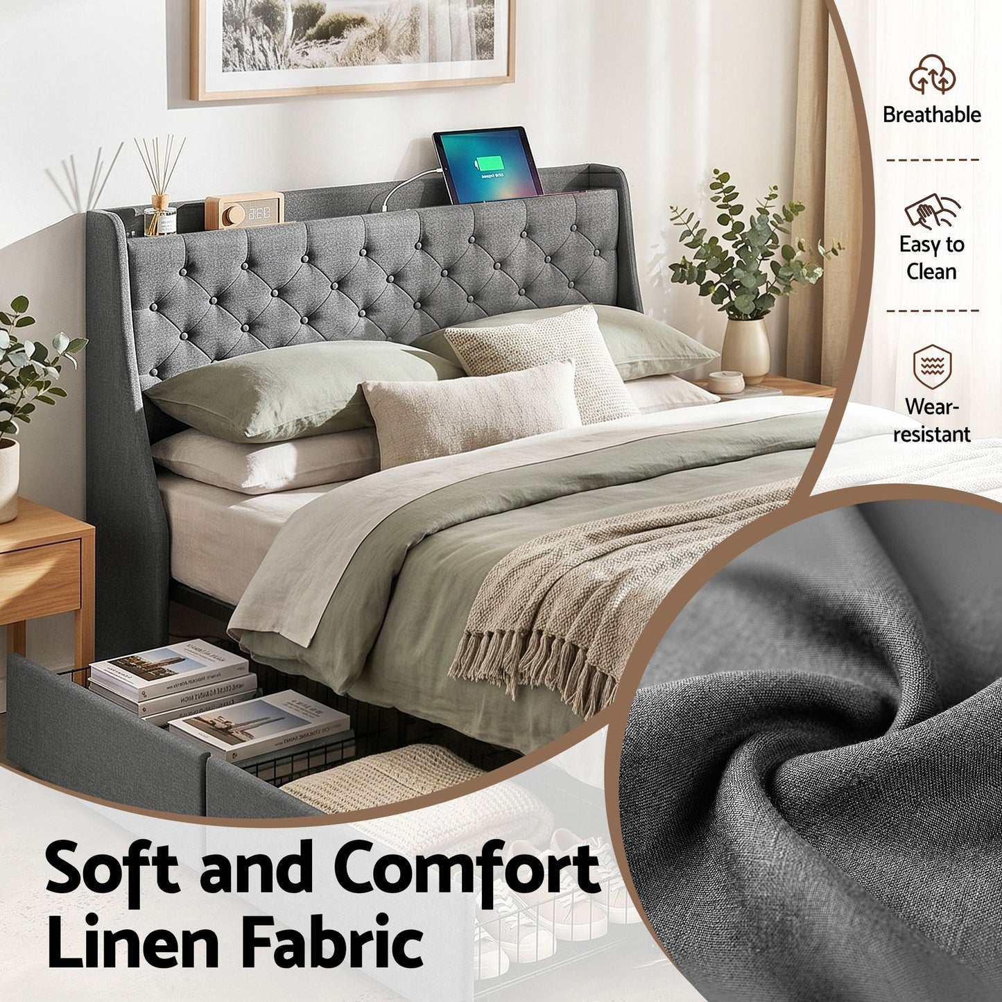 Double Bed Frame with 4 Storage Drawers, Charging Station & Tufted Wingback Headboard – Charcoal Grey