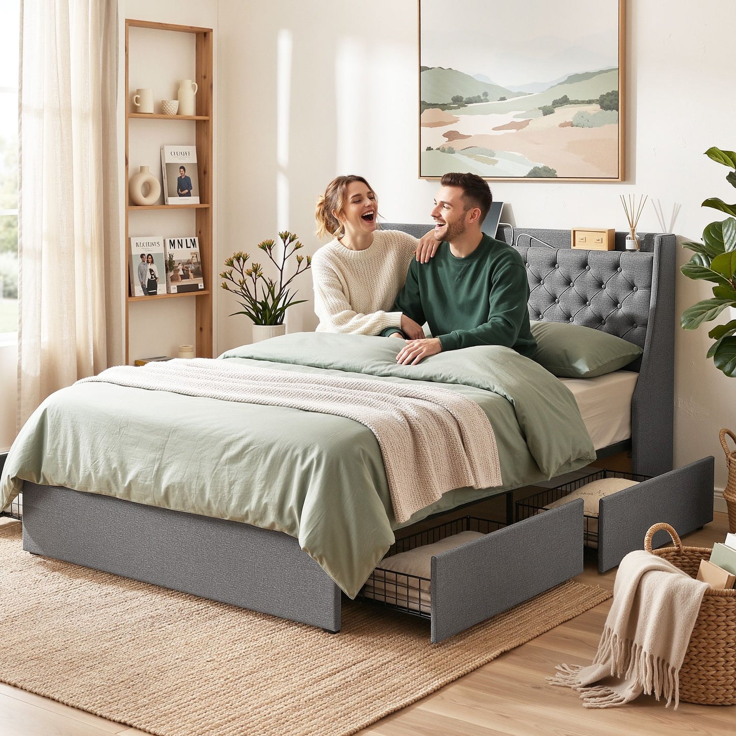 Double Bed Frame with 4 Storage Drawers, Charging Station & Tufted Wingback Headboard – Charcoal Grey