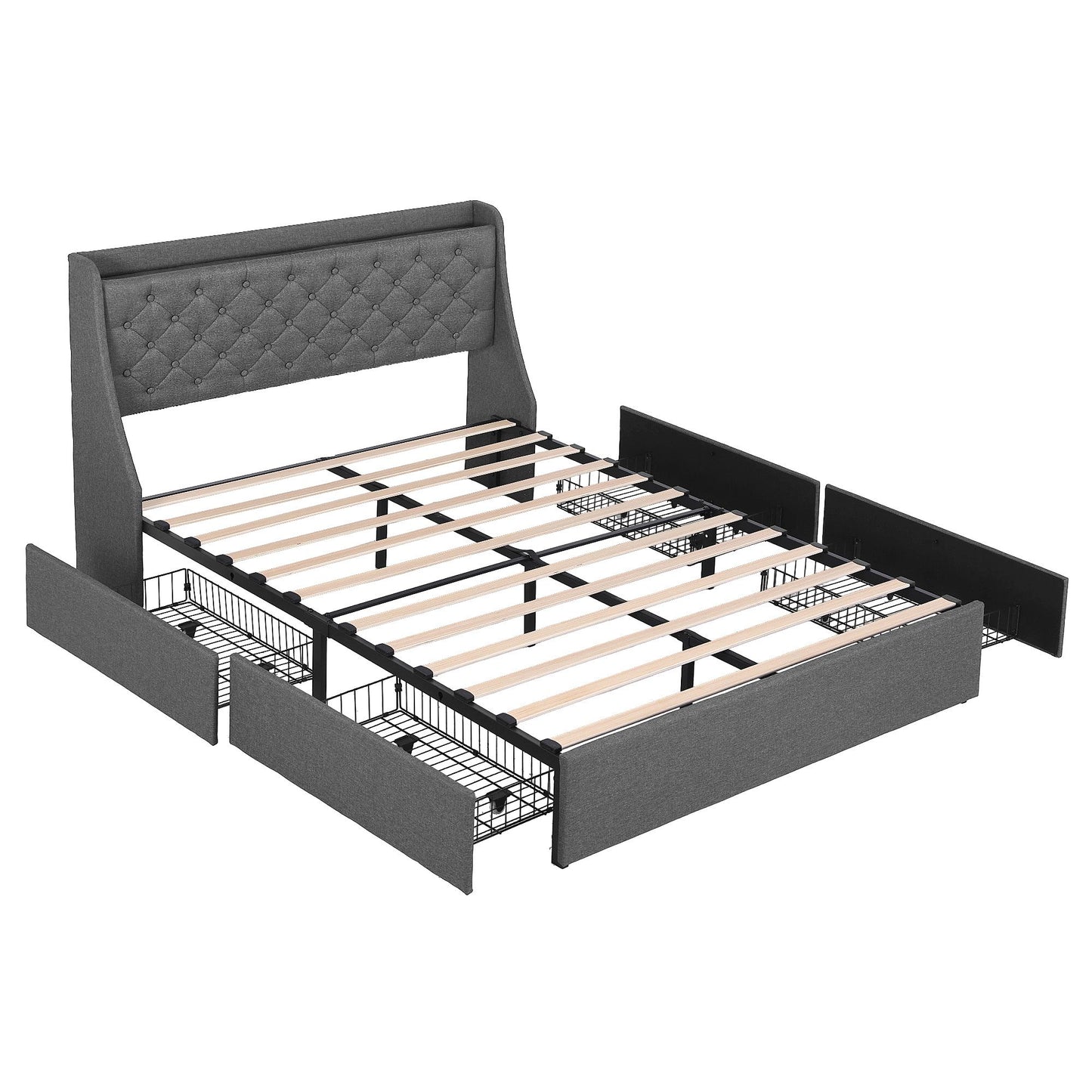 Double Bed Frame with 4 Storage Drawers, Charging Station & Tufted Wingback Headboard – Charcoal Grey