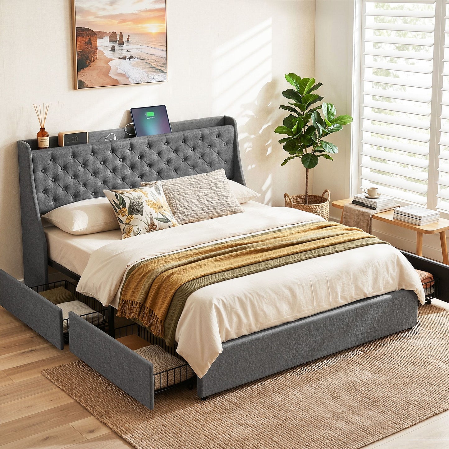 King Bed Frame with 4 Storage Drawers, Charging Station & Tufted Wingback Headboard – Charcoal Grey