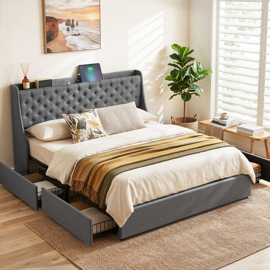 King Bed Frame with 4 Storage Drawers, Charging Station & Tufted Wingback Headboard – Charcoal Grey