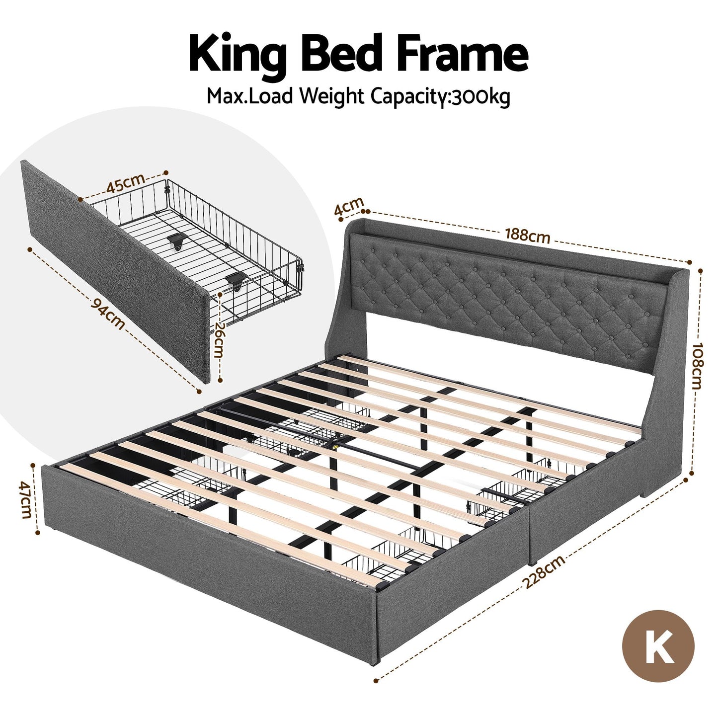 King Bed Frame with 4 Storage Drawers, Charging Station & Tufted Wingback Headboard – Charcoal Grey
