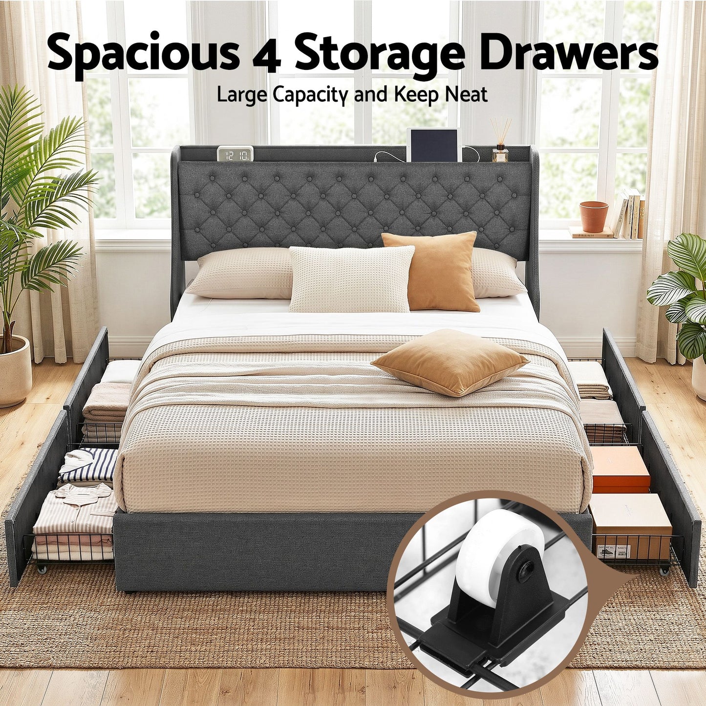 King Bed Frame with 4 Storage Drawers, Charging Station & Tufted Wingback Headboard – Charcoal Grey