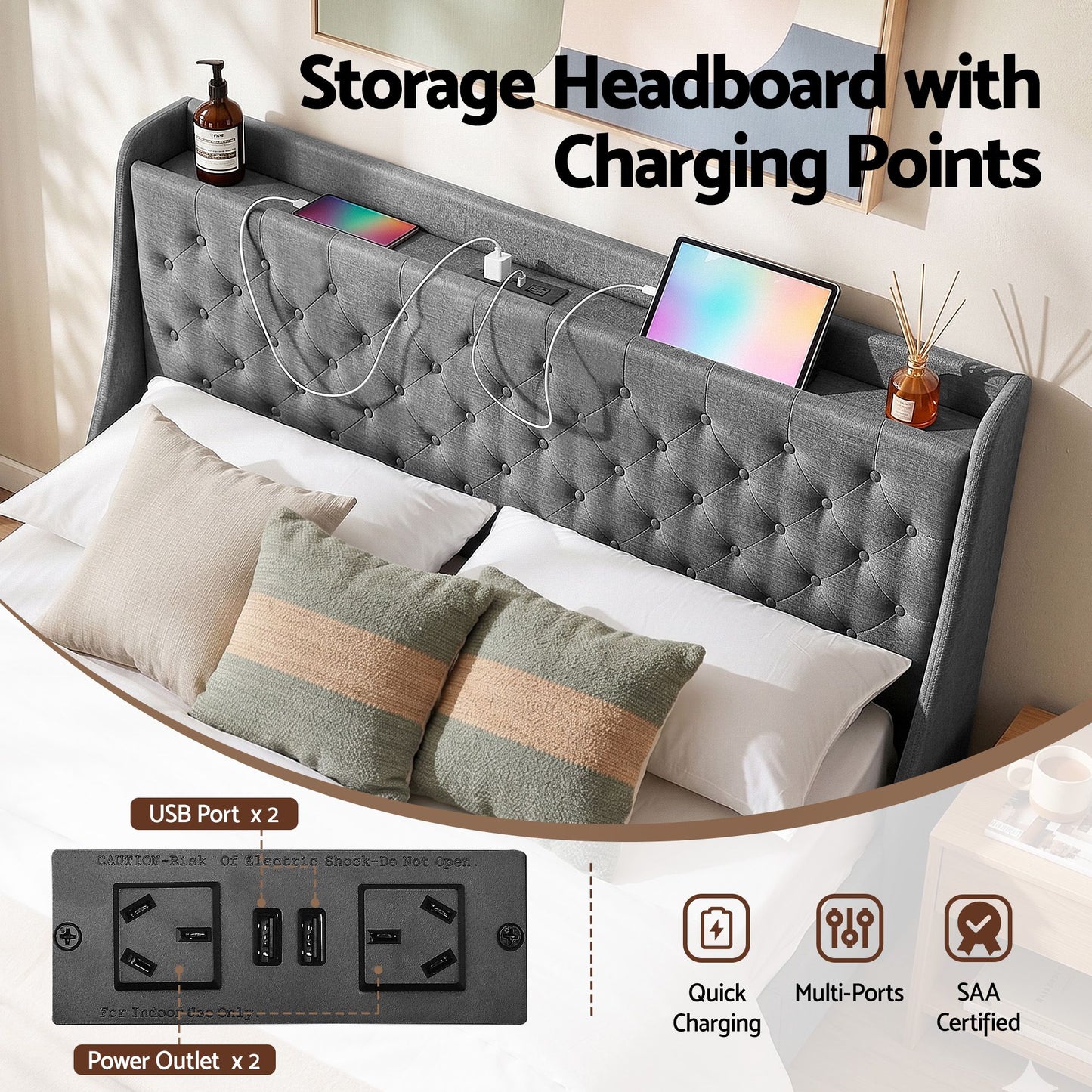 King Bed Frame with 4 Storage Drawers, Charging Station & Tufted Wingback Headboard – Charcoal Grey