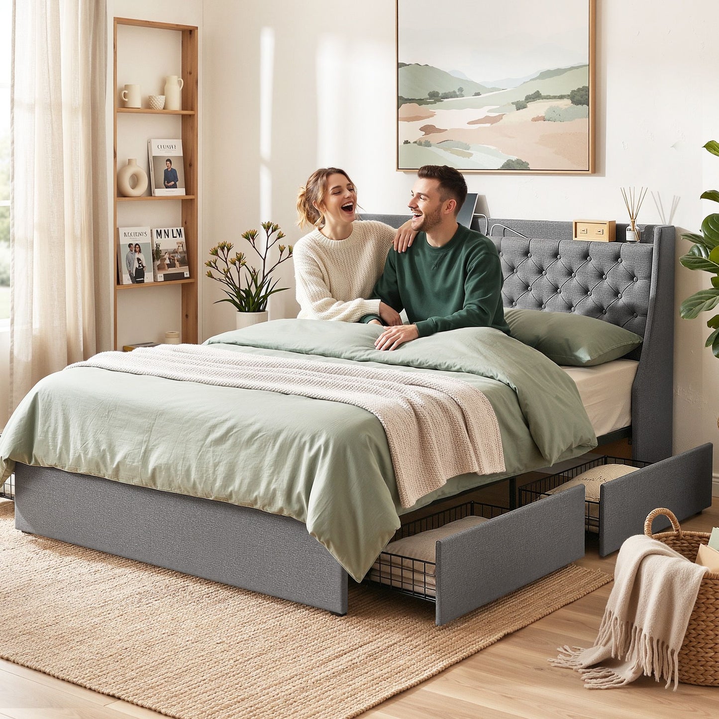 King Bed Frame with 4 Storage Drawers, Charging Station & Tufted Wingback Headboard – Charcoal Grey