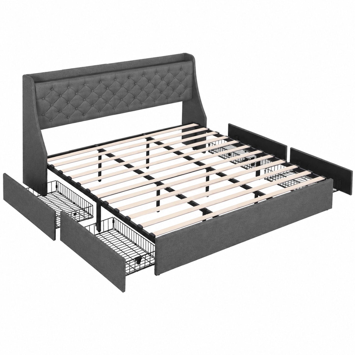 King Bed Frame with 4 Storage Drawers, Charging Station & Tufted Wingback Headboard – Charcoal Grey