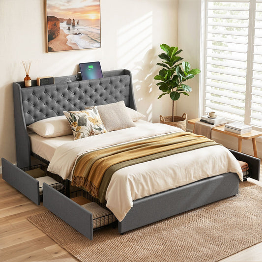 Queen Bed Frame with Storage Drawers and Charging Station – Charcoal Grey Upholstered